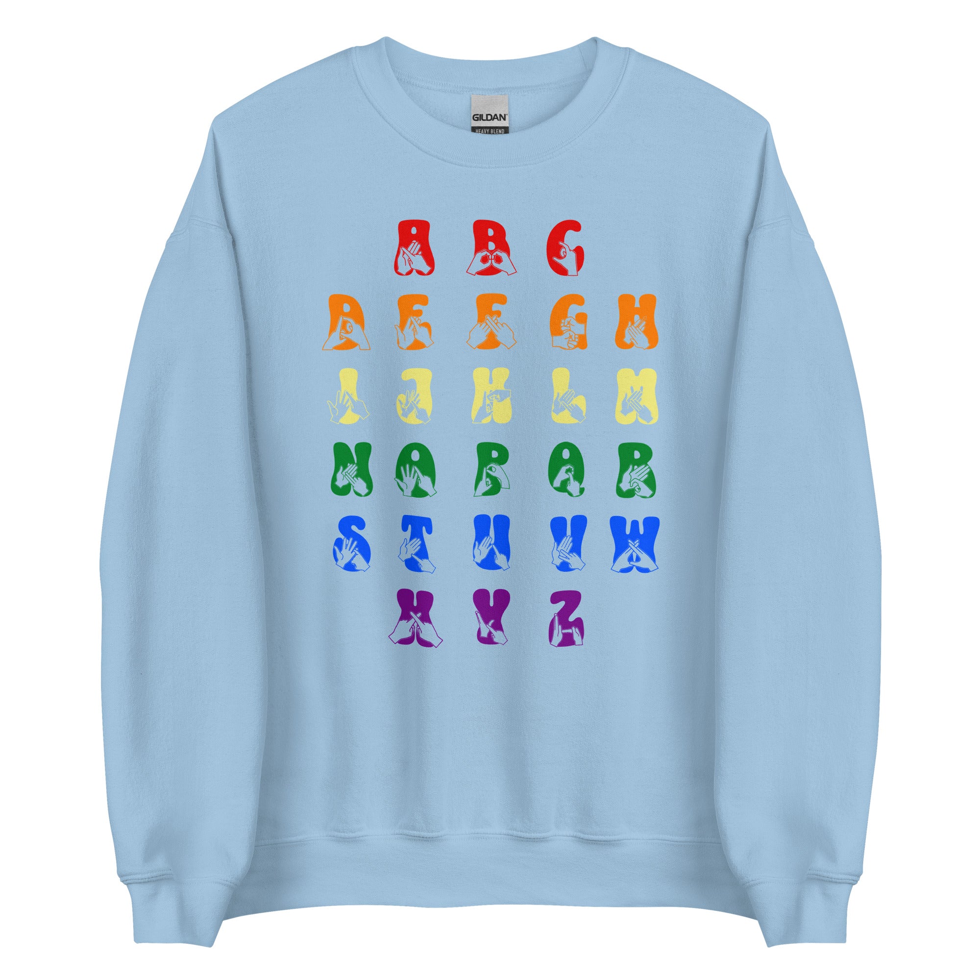 Front view of a light blue sweatshirt with BSL Alphabet - Pride Fingerspelling & Text