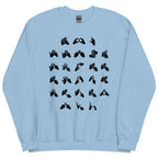 Front view of a light blue sweatshirt with BSL Alphabet - Black Fingerspelling