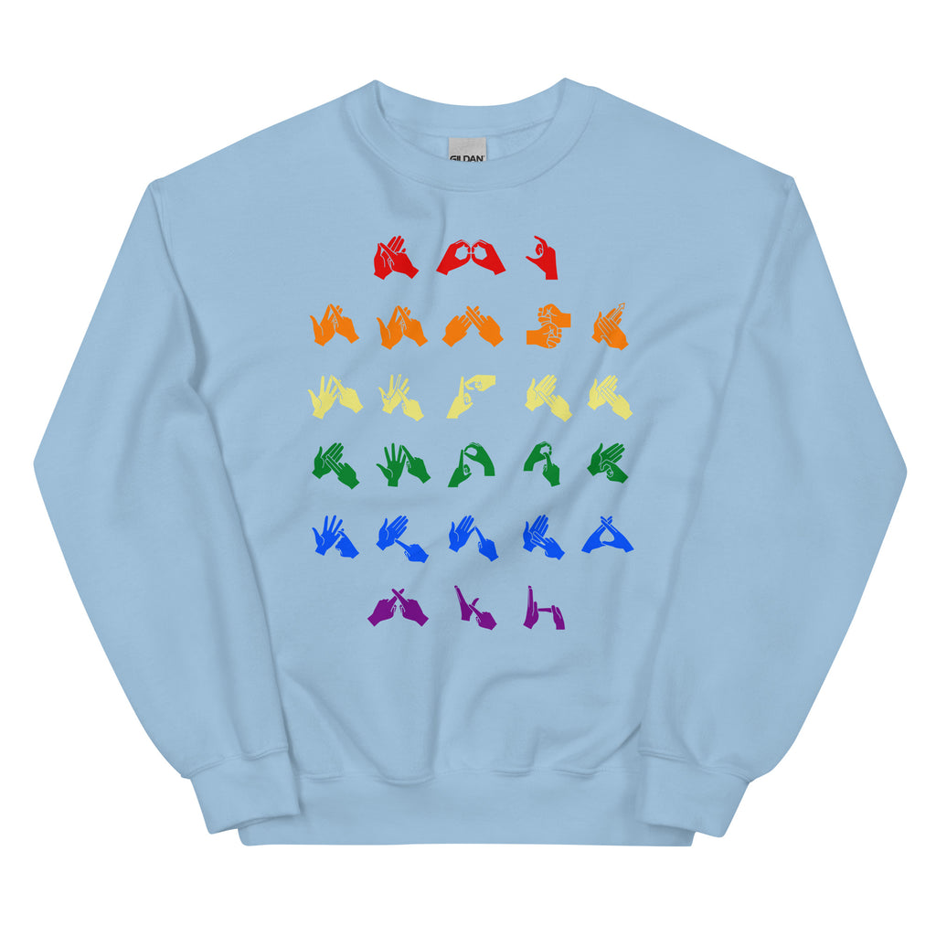 Front view of a light blue sweatshirt with BSL Alphabet - Pride Fingerspelling