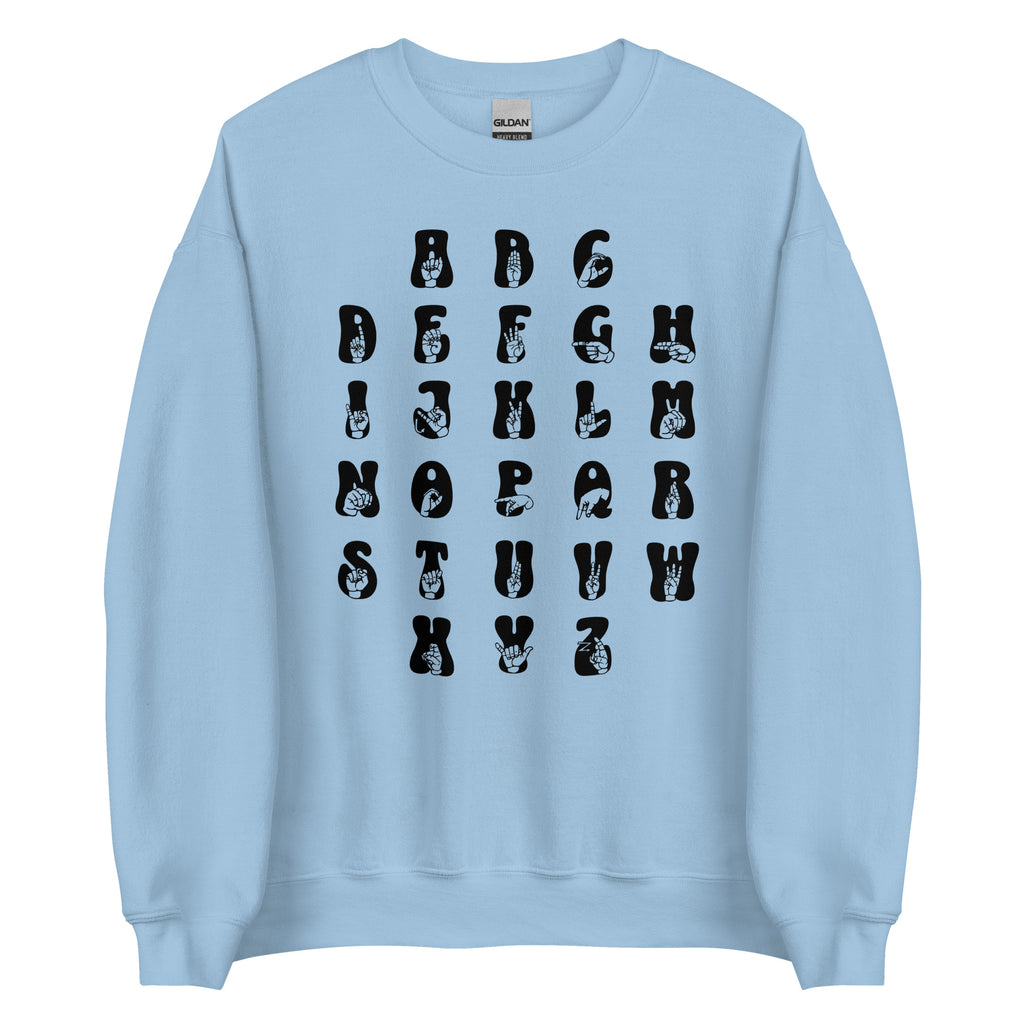 Front view of a light blue sweatshirt with ASL Alphabet - Black Fingerspelling & Text