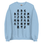 Front view of a light blue sweatshirt with ASL Alphabet - Black Fingerspelling & Text