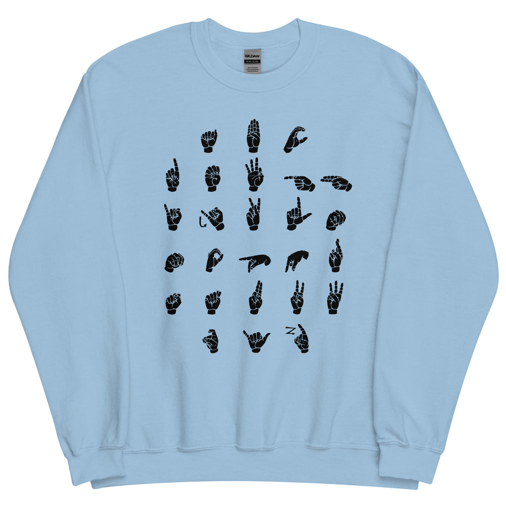 Front view of a light blue sweatshirt with ASL Alphabet - Black Fingerspelling