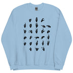 Front view of a light blue sweatshirt with ASL Alphabet - Black Fingerspelling