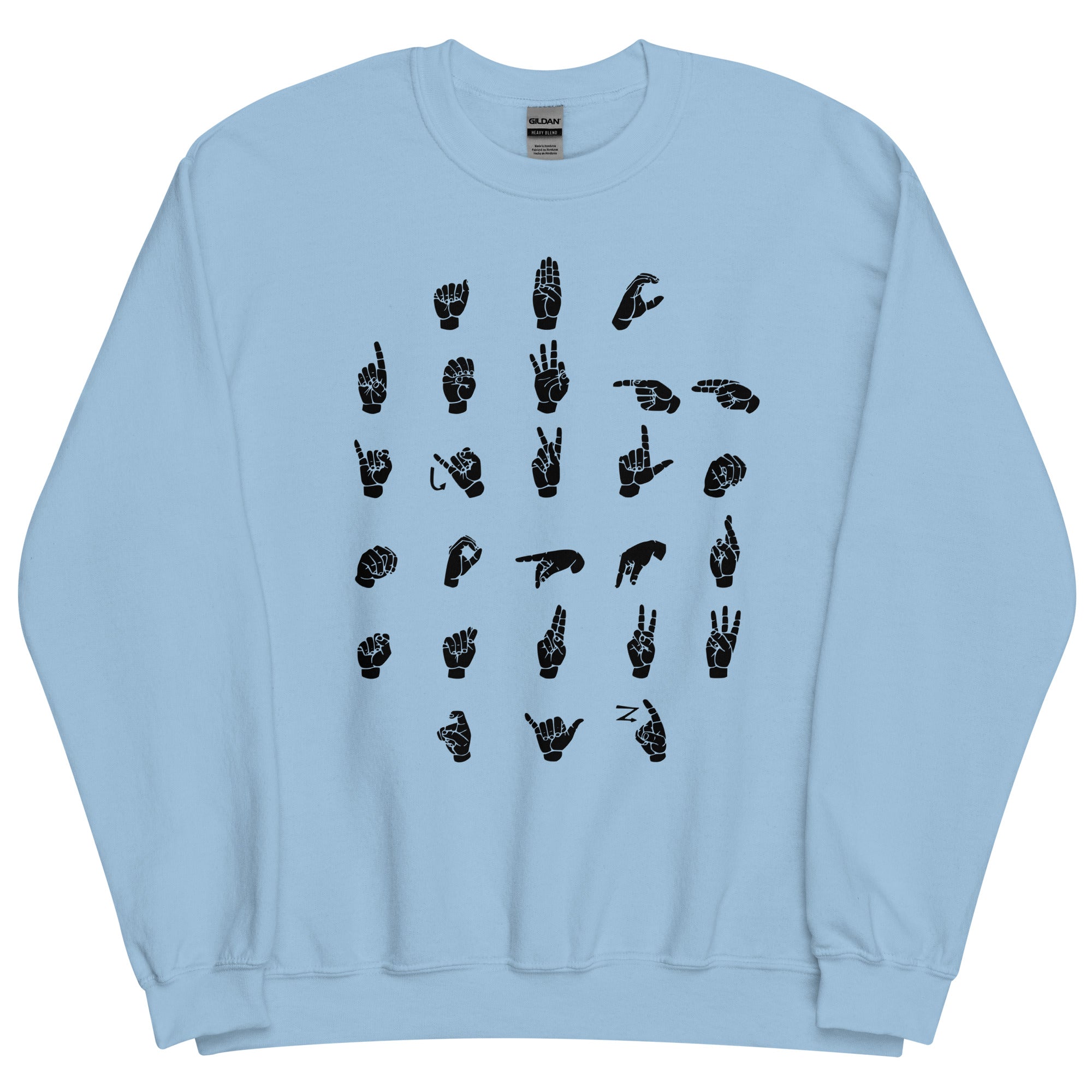 Front view of a light blue sweatshirt with ASL Alphabet - Black Fingerspelling
