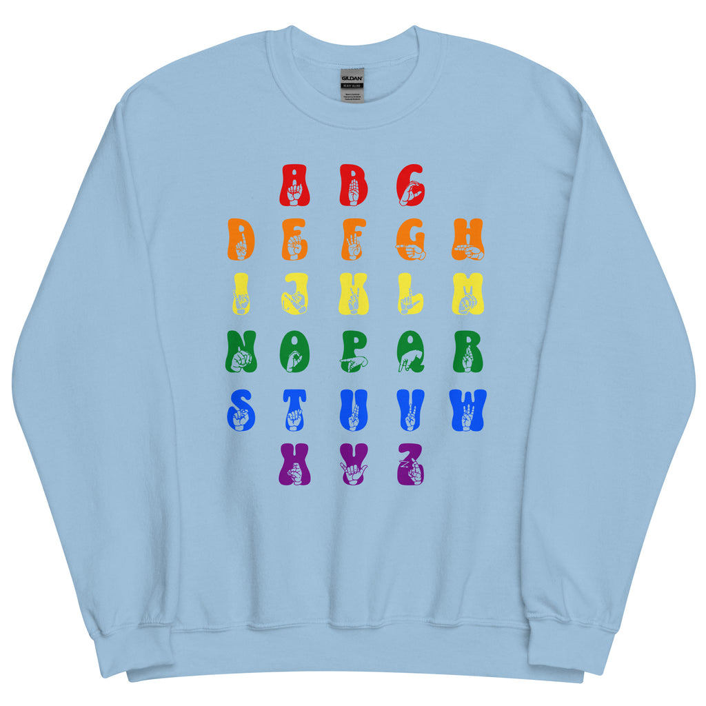 Front view of a light blue sweatshirt with ASL Alphabet - Pride Fingerspelling & Text
