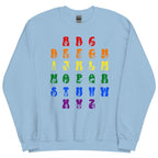 Front view of a light blue sweatshirt with ASL Alphabet - Pride Fingerspelling & Text