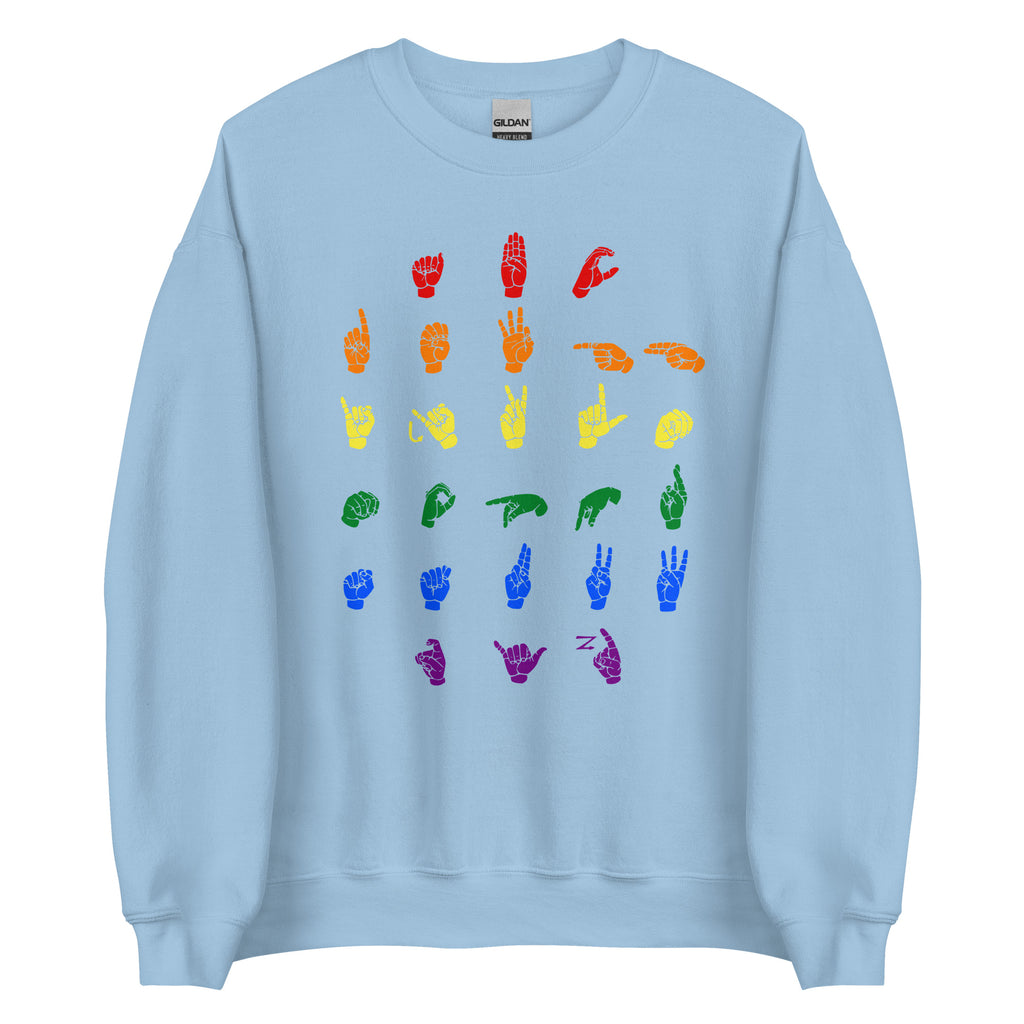 Front view of a light blue sweatshirt with ASL Alphabet - Pride Fingerspelling