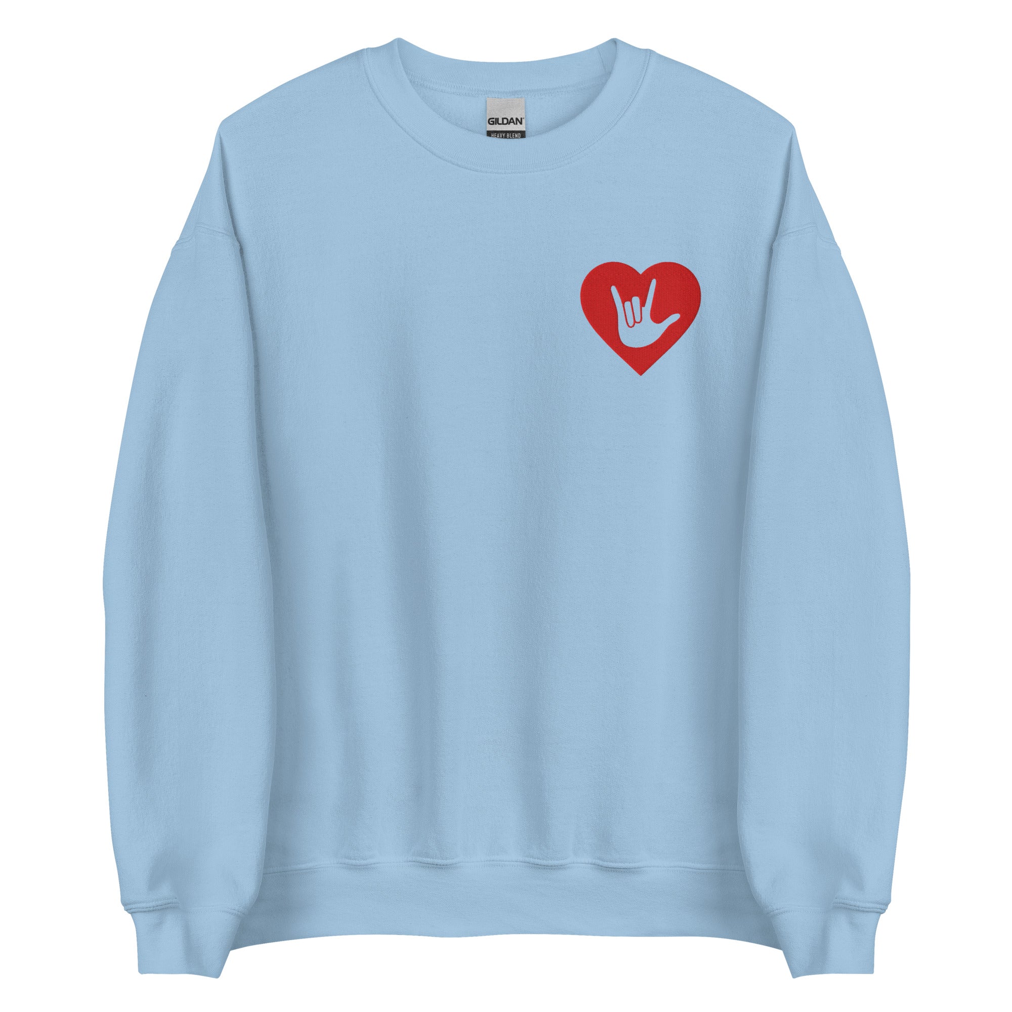 Front view of a light blue sweatshirt showing a red coloured heart and the iconic ASL I Love You sign embedded in it on the left side of the chest