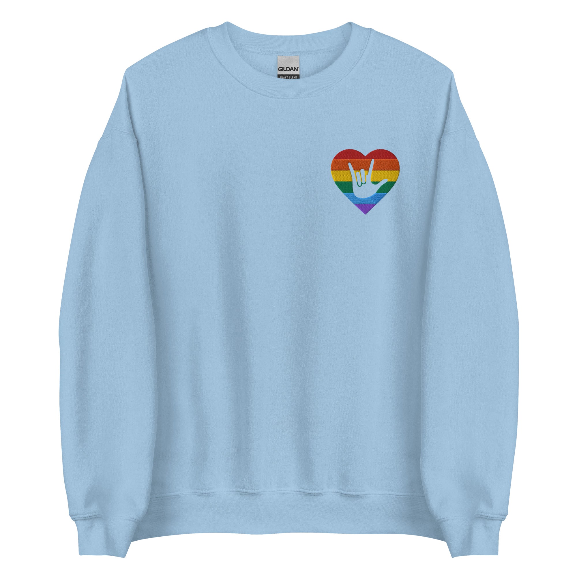 Front view of a light blue sweatshirt showing a pride coloured heart and the iconic ASL I Love You sign embedded in it on the left side of the chest