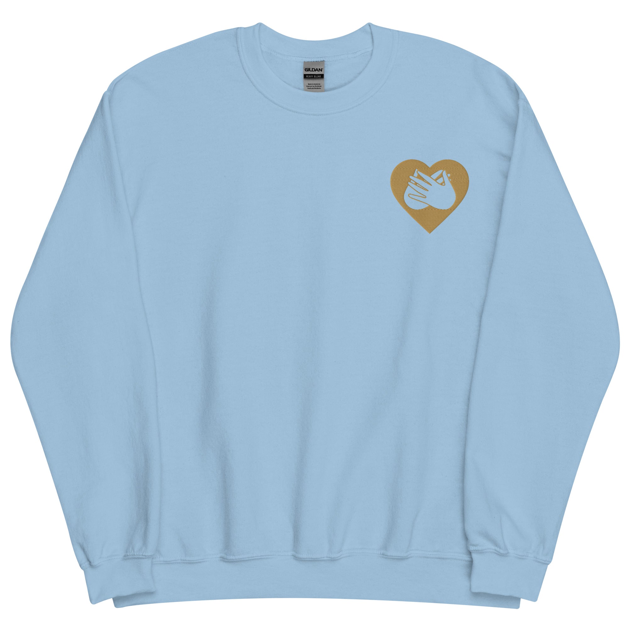 Front view of a light blue sweatshirt showing a gold coloured heart and the iconic BSL Love sign embedded in it on the left side of the chest