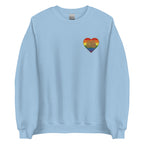 Front view of a light blue sweatshirt showing a pride coloured heart and the iconic BSL Love sign embedded in it on the left side of the chest