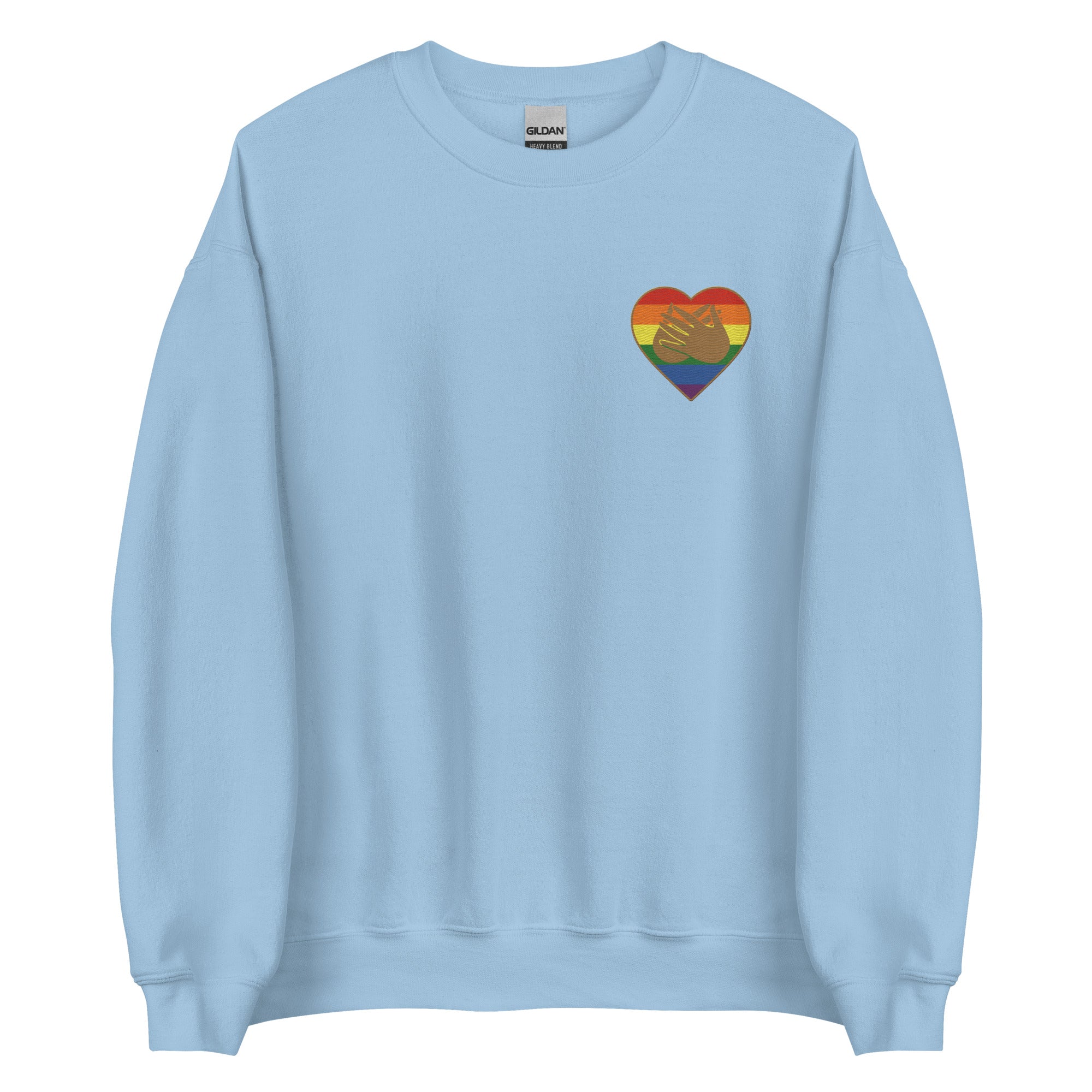 Front view of a light blue sweatshirt showing a pride coloured heart and the iconic BSL Love sign embedded in it on the left side of the chest