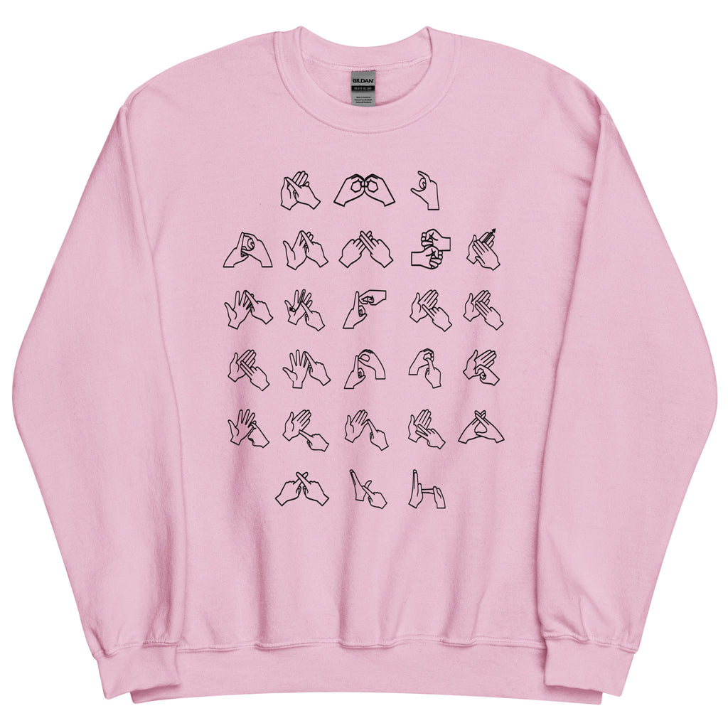 Front view of a light pink sweatshirt with BSL Alphabet - Black Fingerspelling