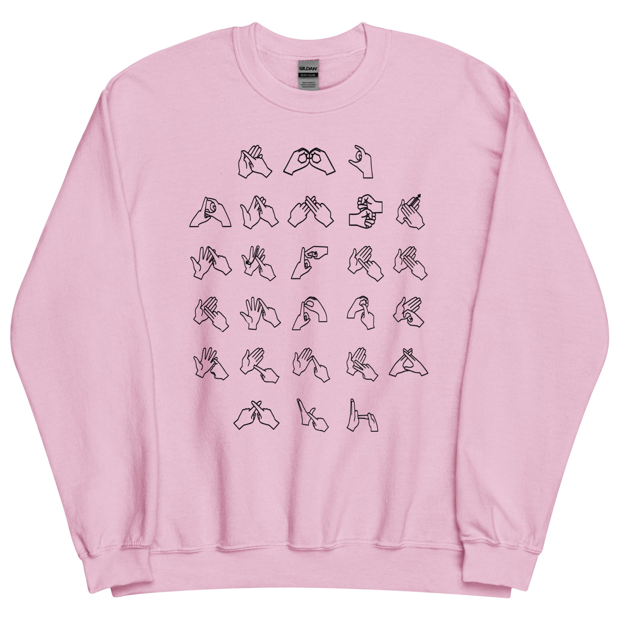 Front view of a light pink sweatshirt with BSL Alphabet - Black Fingerspelling