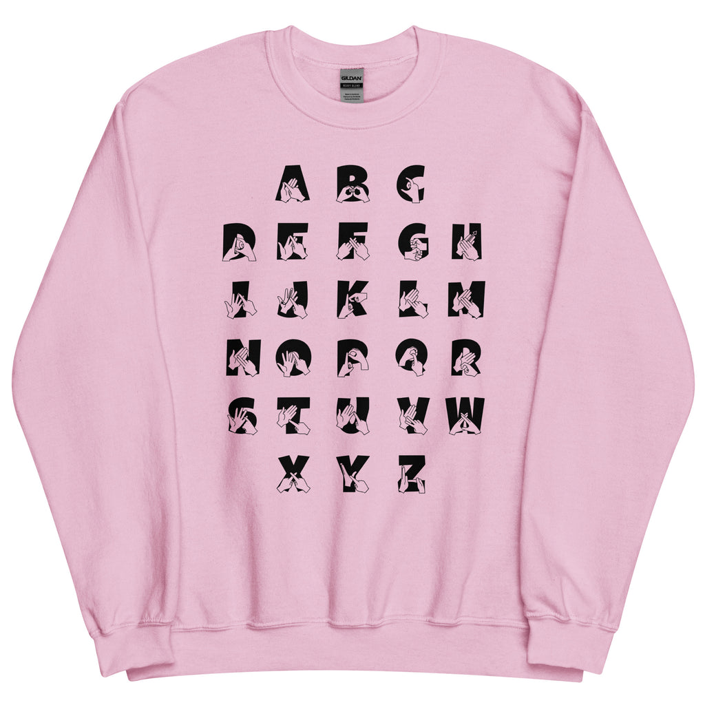 Front view of a light pink sweatshirt with BSL Alphabet - Black Fingerspelling & Text