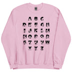 Front view of a light pink sweatshirt with BSL Alphabet - Black Fingerspelling & Text