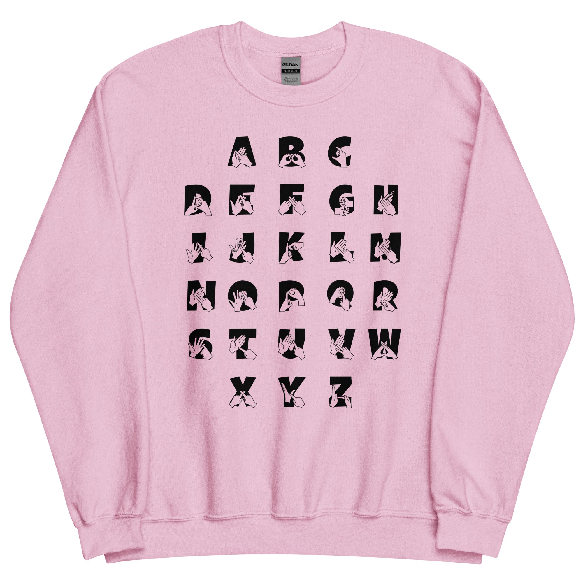 Front view of a light pink sweatshirt with BSL Alphabet - Black Fingerspelling & Text