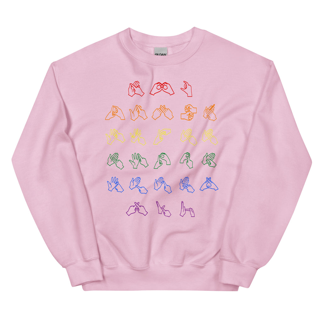 Front view of a light pink sweatshirt with BSL Alphabet - Pride Fingerspelling
