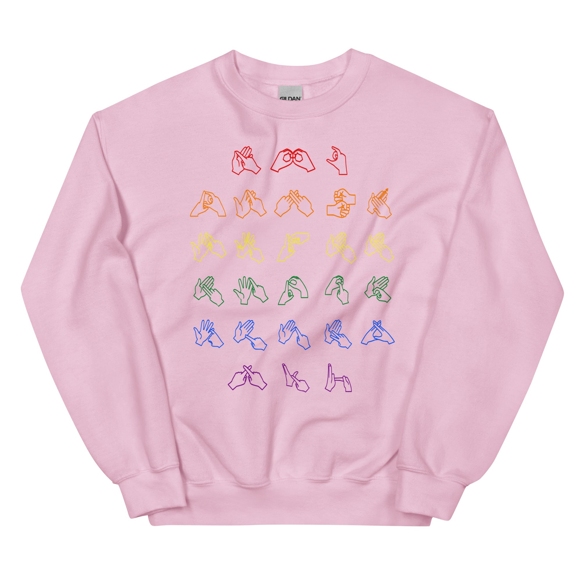 Front view of a light pink sweatshirt with BSL Alphabet - Pride Fingerspelling