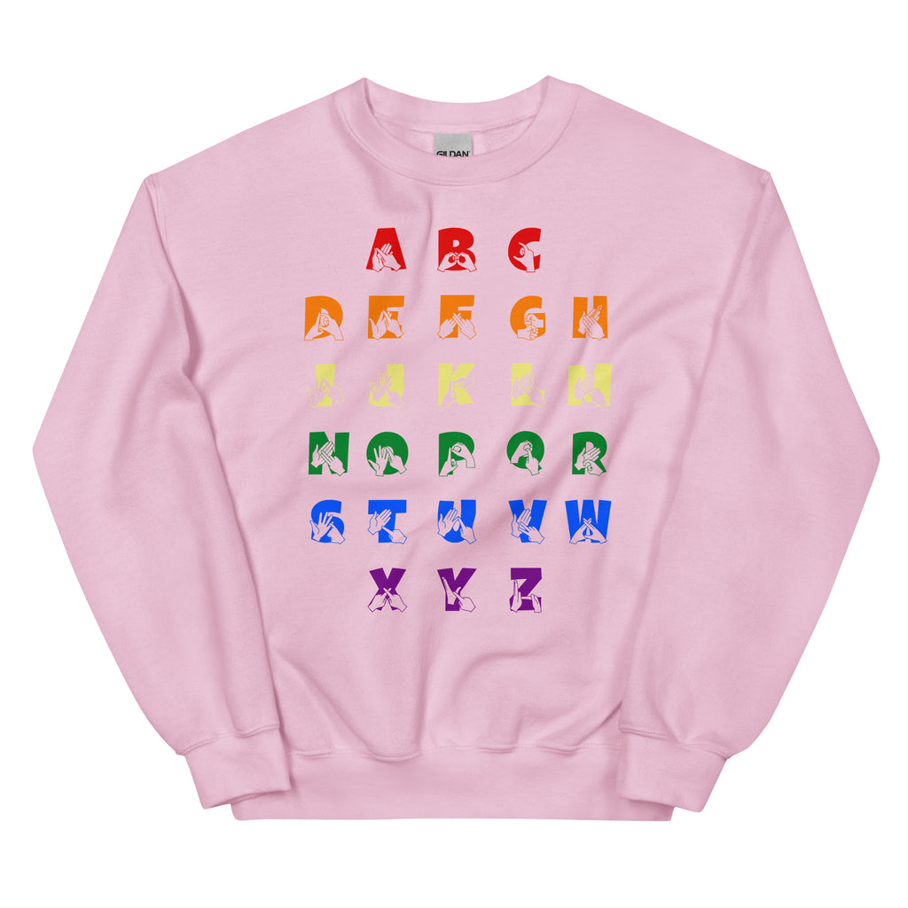 Front view of a light pink sweatshirt with BSL Alphabet - Pride Fingerspelling & Text