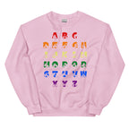Front view of a light pink sweatshirt with BSL Alphabet - Pride Fingerspelling & Text