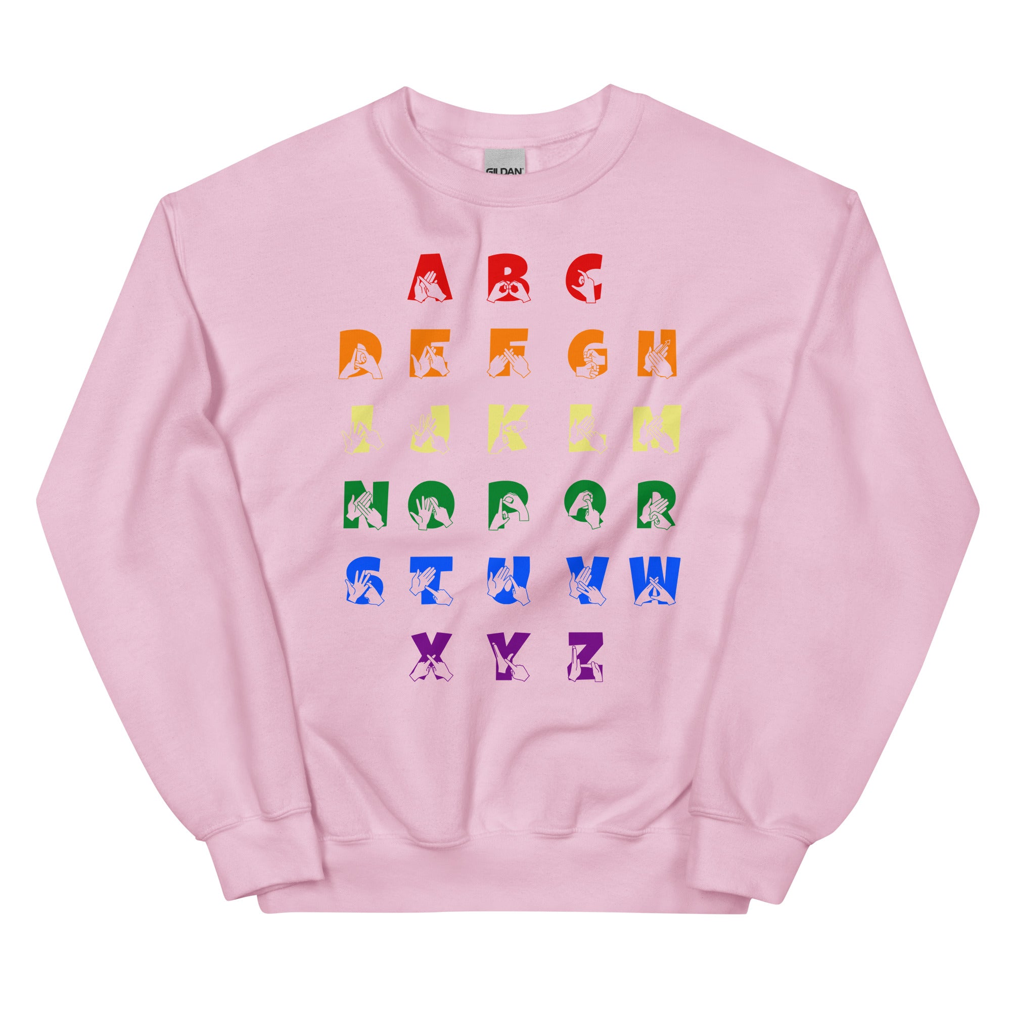 Front view of a light pink sweatshirt with BSL Alphabet - Pride Fingerspelling & Text
