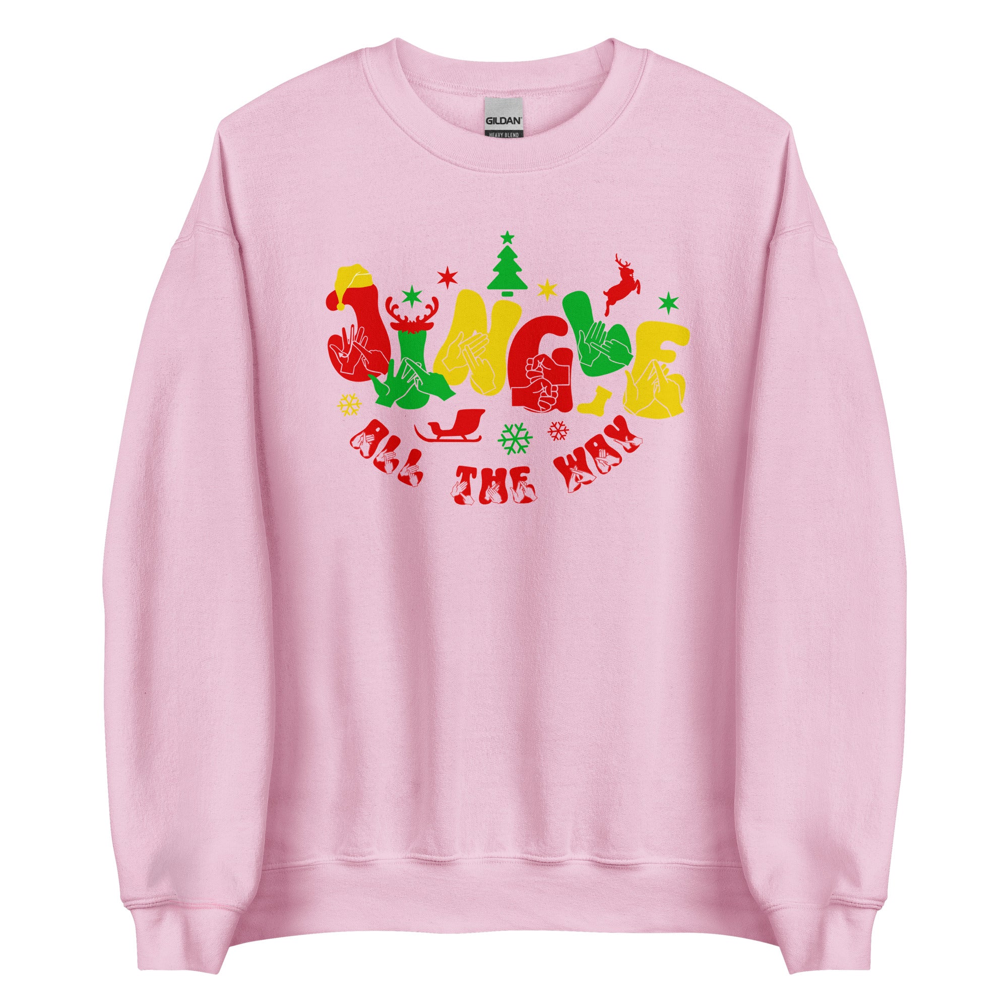 Light pink coloured Jingle All The Way sweatshirt with BSL design.