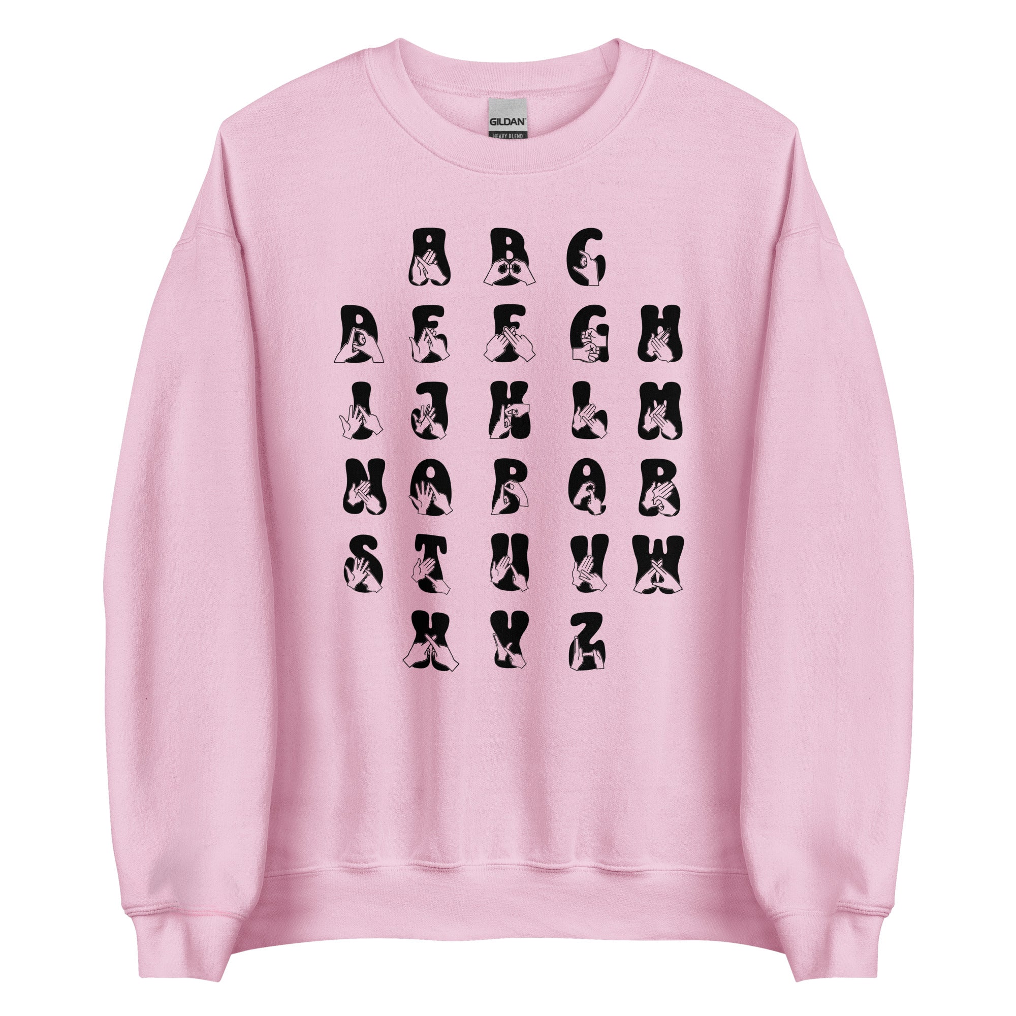 Front view of a light pink sweatshirt with BSL Alphabet - Black Fingerspelling & Text