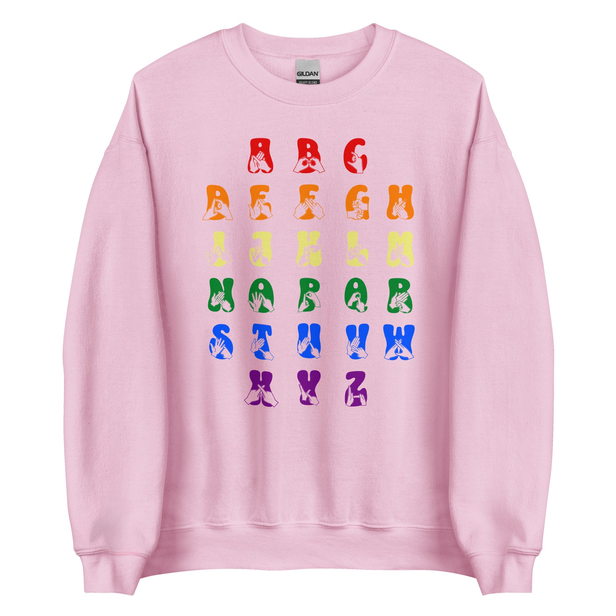 Front view of a light pink sweatshirt with BSL Alphabet - Pride Fingerspelling & Text