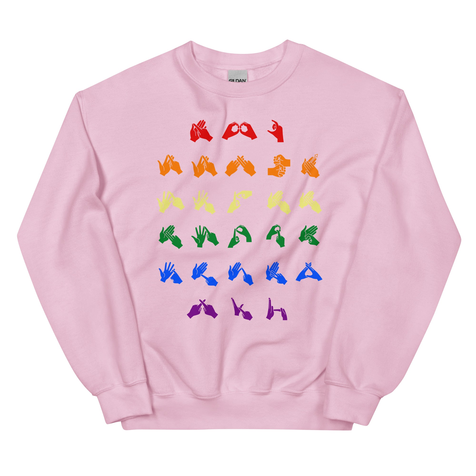 Front view of a light pink sweatshirt with BSL Alphabet - Pride Fingerspelling