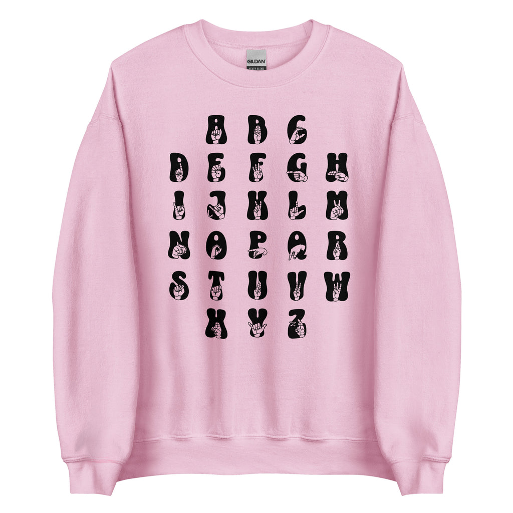 Front view of a light pink sweatshirt with ASL Alphabet - Black Fingerspelling & Text