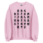 Front view of a light pink sweatshirt with ASL Alphabet - Black Fingerspelling & Text