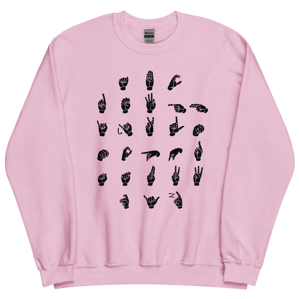 Front view of a light pink sweatshirt with ASL Alphabet - Black Fingerspelling