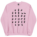 Front view of a light pink sweatshirt with ASL Alphabet - Black Fingerspelling