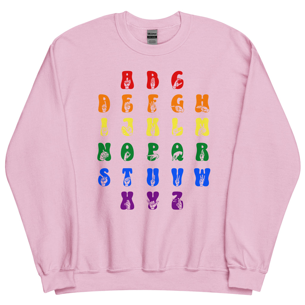 Front view of a light pink sweatshirt with ASL Alphabet - Pride Fingerspelling & Text