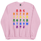 Front view of a light pink sweatshirt with ASL Alphabet - Pride Fingerspelling & Text