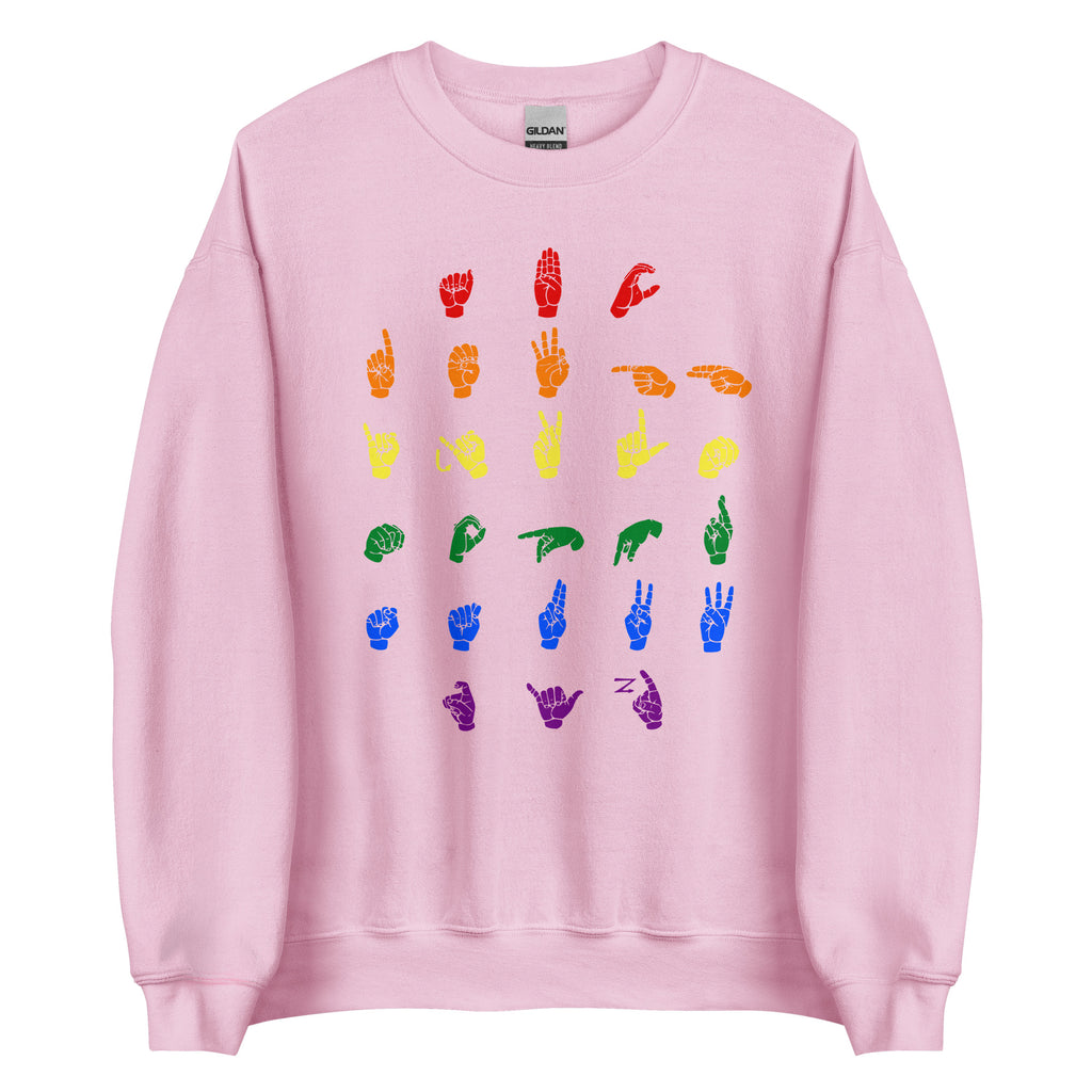 Front view of a light pink sweatshirt with ASL Alphabet - Pride Fingerspelling