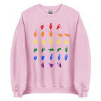 Front view of a light pink sweatshirt with ASL Alphabet - Pride Fingerspelling