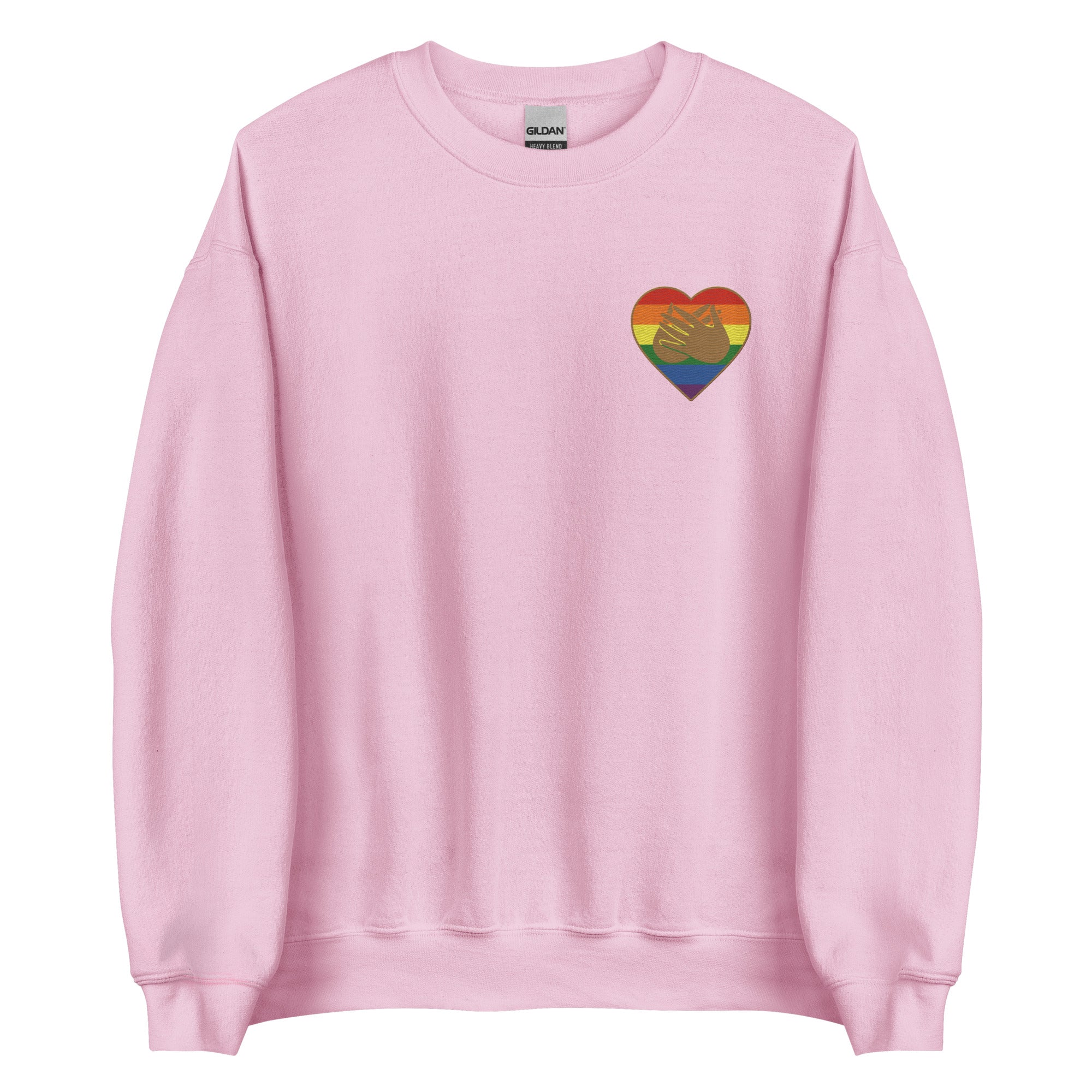 Front view of a light pink sweatshirt showing a pride coloured heart and the iconic BSL Love sign embedded in it on the left side of the chest