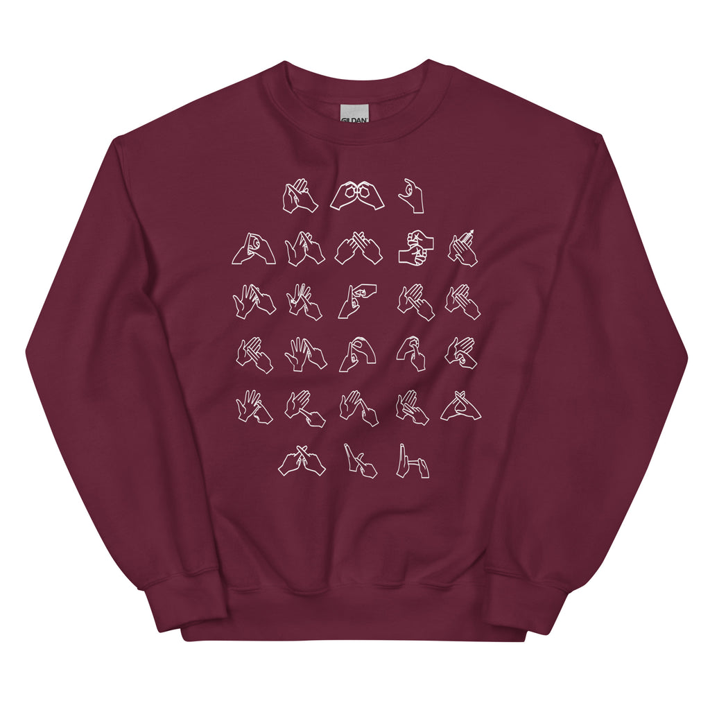 Front view of a maroon sweatshirt with BSL Alphabet - White Fingerspelling