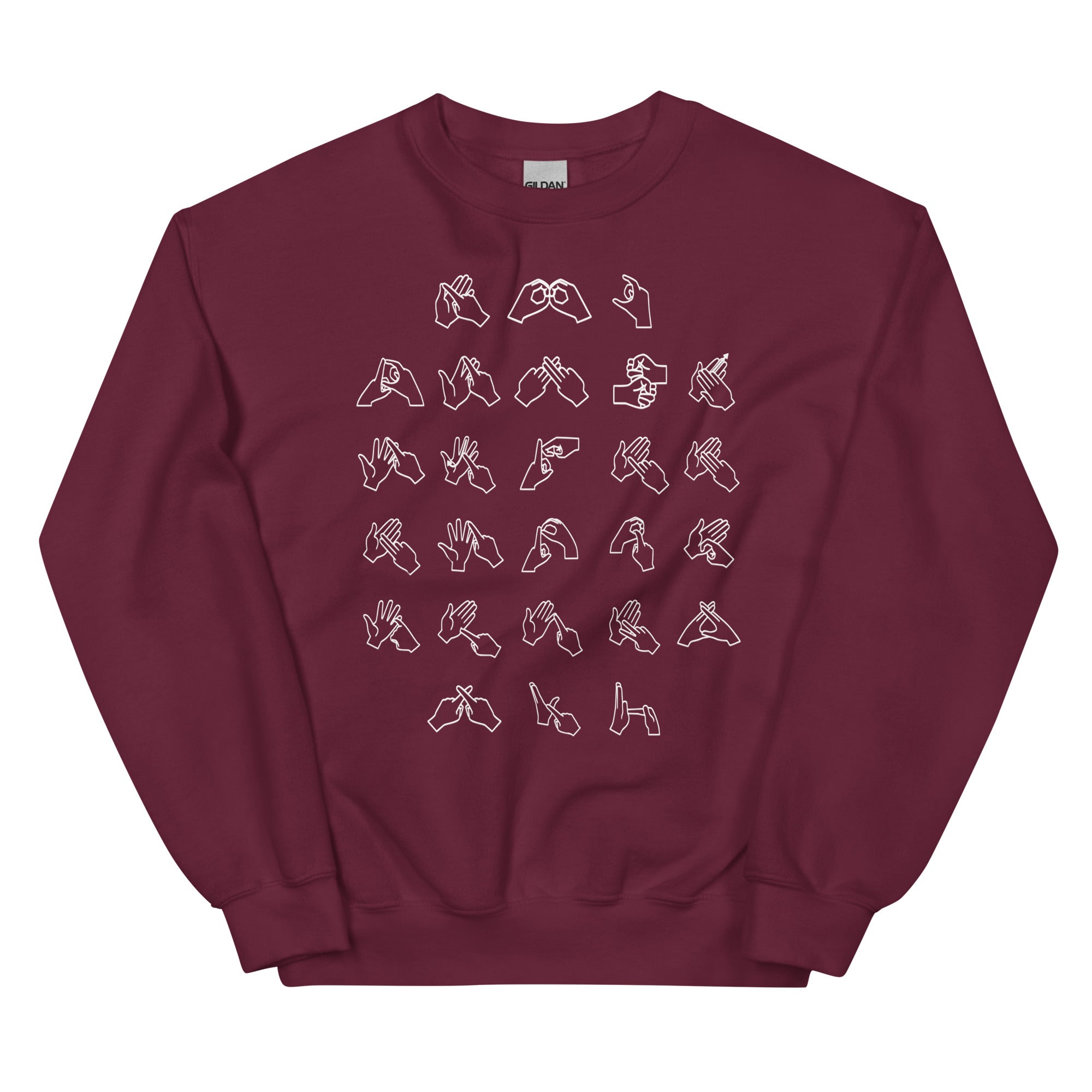 Front view of a maroon sweatshirt with BSL Alphabet - White Fingerspelling