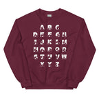 Front view of a maroon sweatshirt with BSL Alphabet - White Fingerspelling & Text