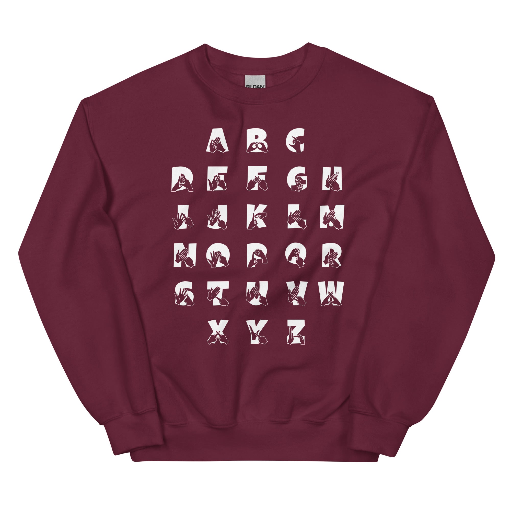 Front view of a maroon sweatshirt with BSL Alphabet - White Fingerspelling & Text