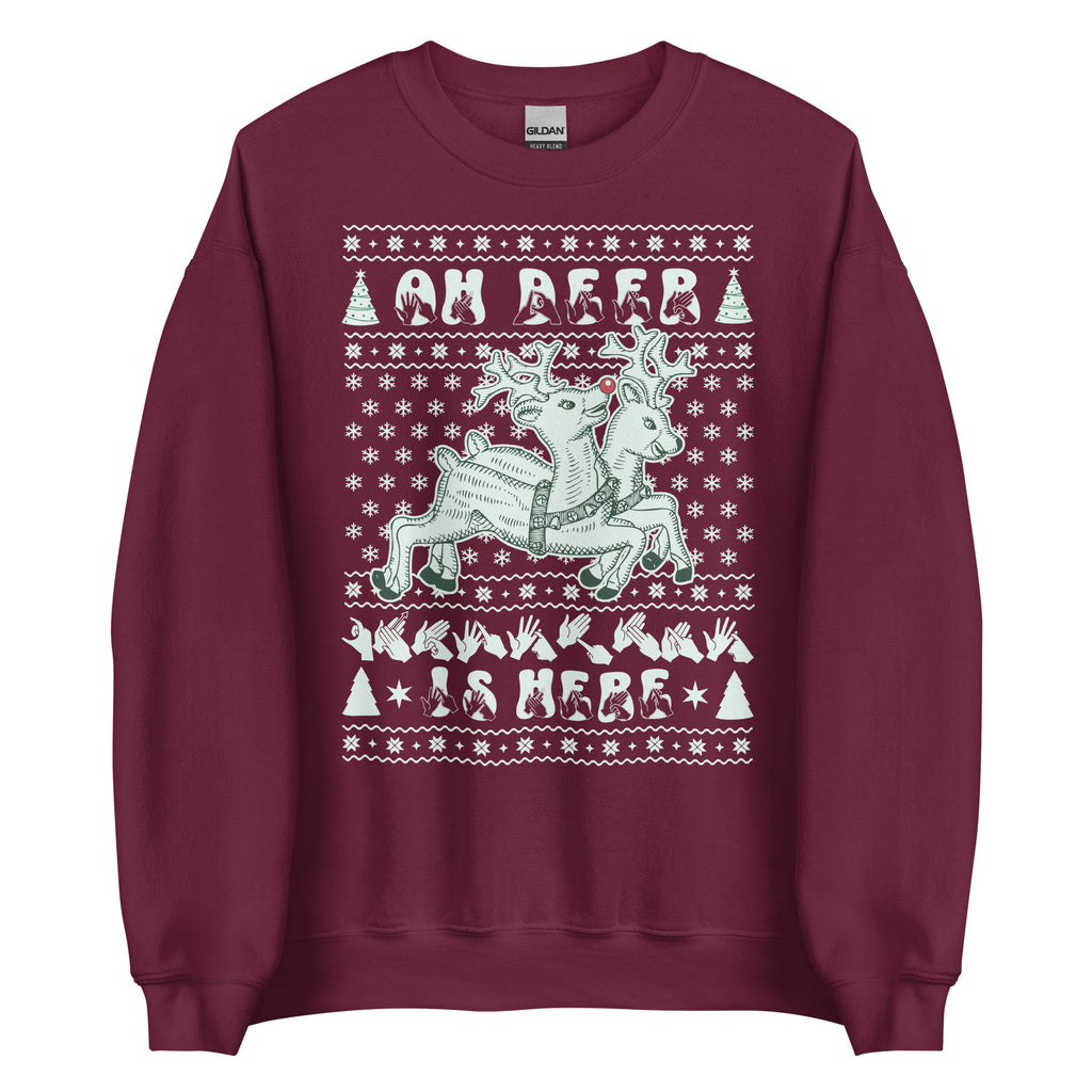 Maroon coloured Oh Deer Christmas Is Here sweatshirt with reindeers, snowflakes and BSL design.