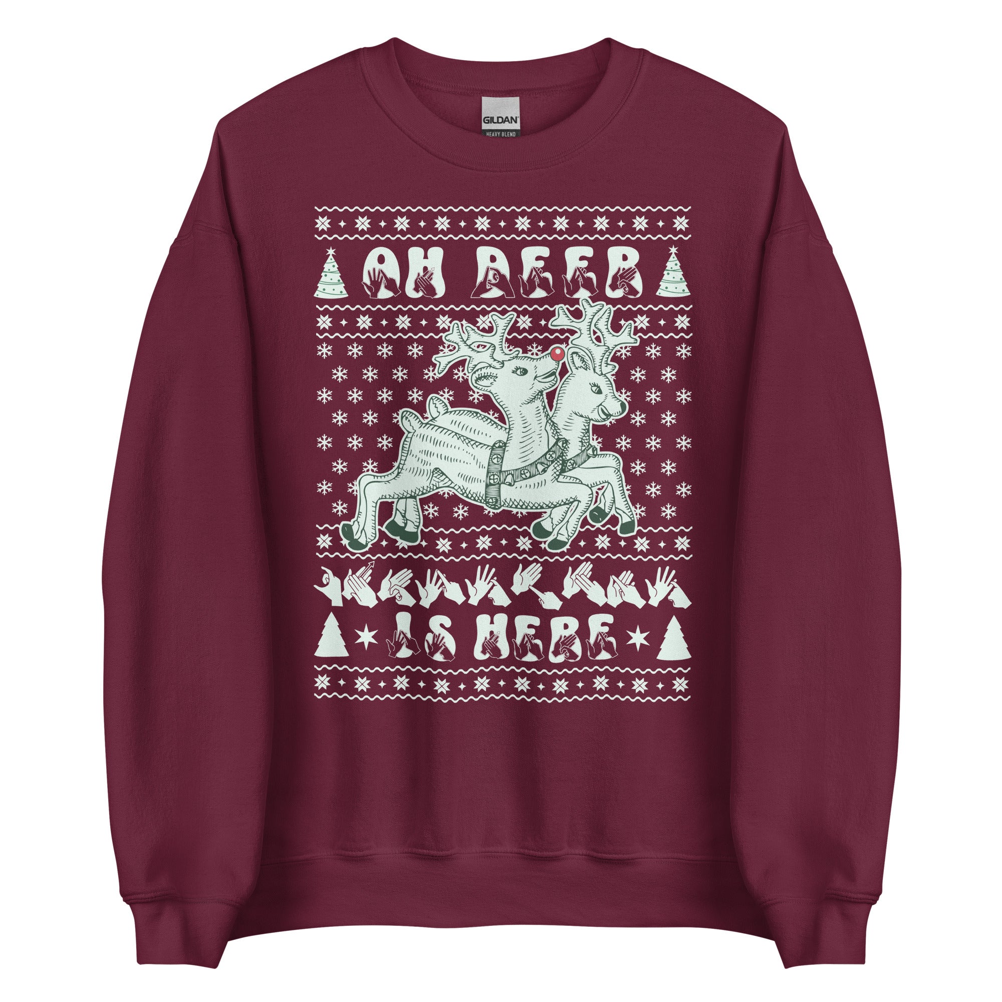Maroon coloured Oh Deer Christmas Is Here sweatshirt with reindeers, snowflakes and BSL design.