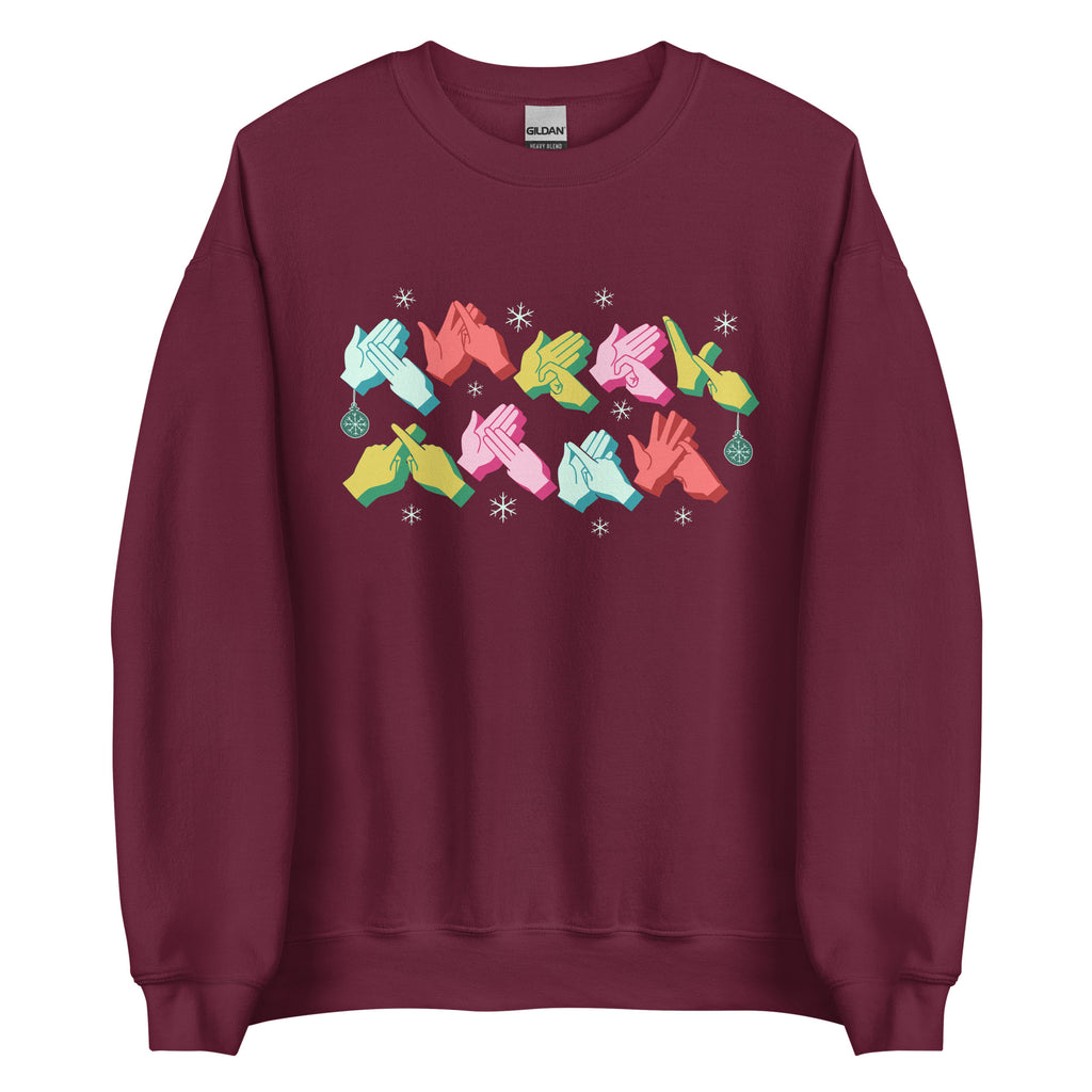 Maroon coloured Merry Christmas sweatshirt with snowflakes and BSL design.