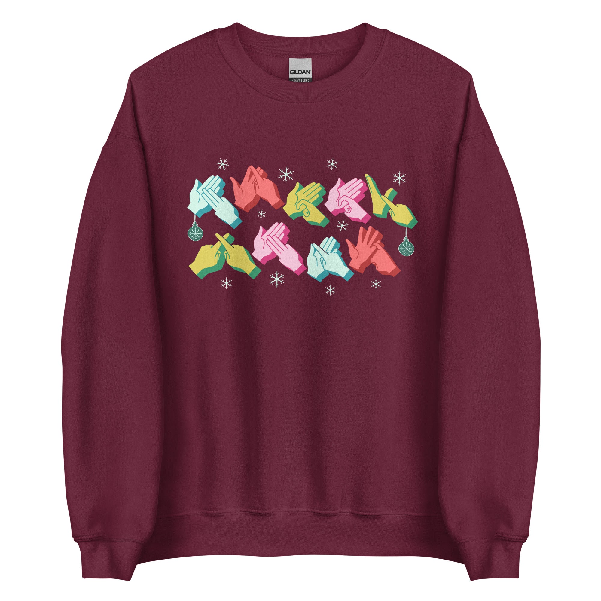 Maroon coloured Merry Christmas sweatshirt with snowflakes and BSL design.