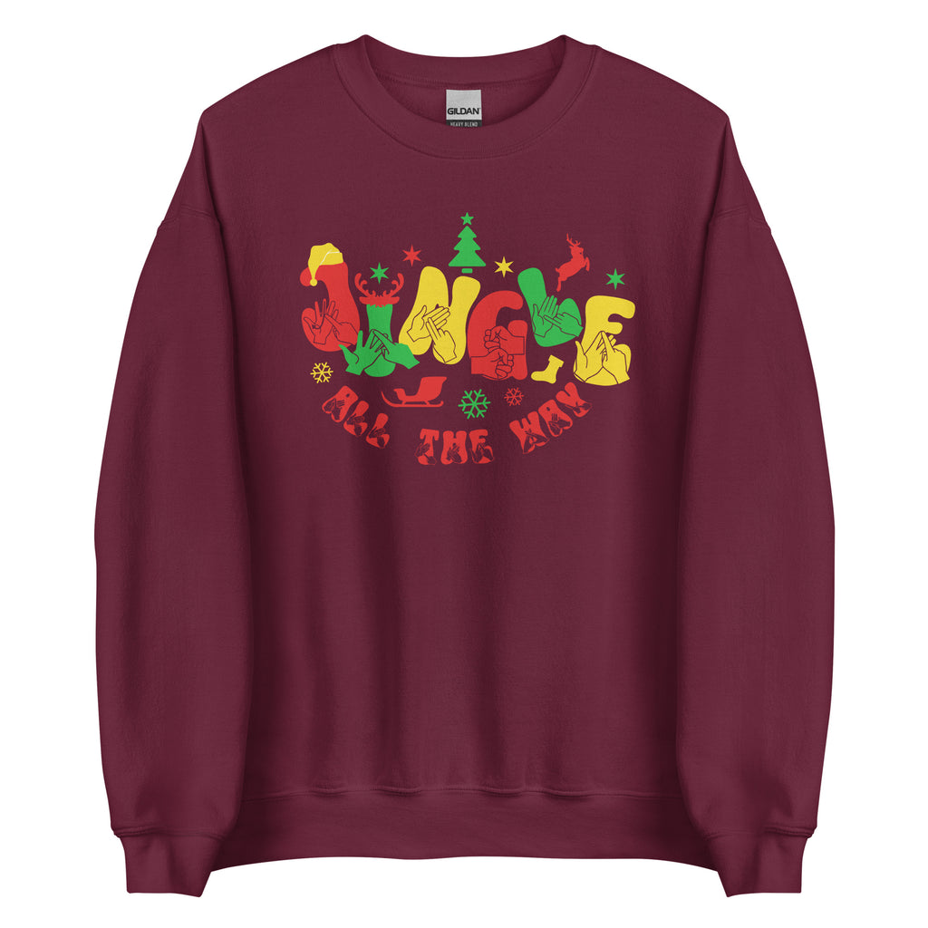 Maroon coloured Jingle All The Way sweatshirt with BSL design.