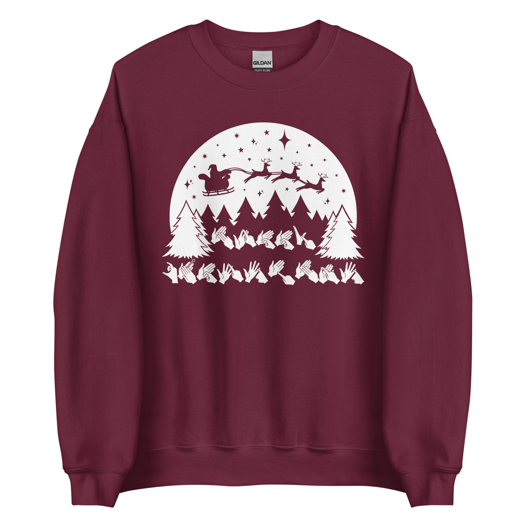 Maroon coloured Merry Christmas sweatshirt with Santa on his sleigh and BSL design.