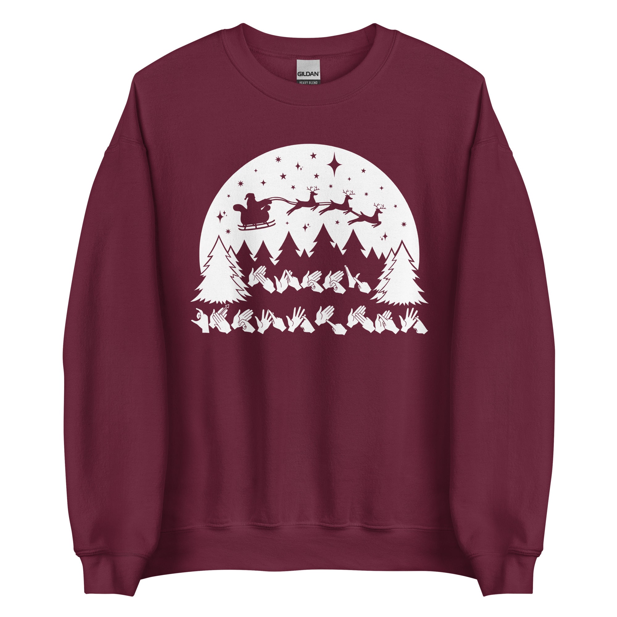 Maroon coloured Merry Christmas sweatshirt with Santa on his sleigh and BSL design.
